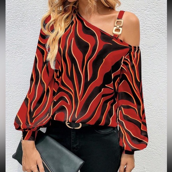 Zebra Abstract Print Asymmetrical Neck Cold Shoulder Chain Top Blouse Shirt - Picture 7 of 8
